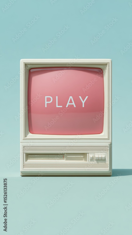 Poster retro vhs style play text on vintage tv screen with glitch effects for digital streaming ads and med