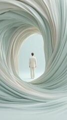 Serene virtual fitness trainer in modern studio with AI-powered digital analytics and smooth ceramic textures evokes calm, health, and wellness innovation