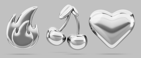 Liquid chrome y2k metal shapes - fire, cherry and heart. Silver inflatable figures in retro futuristic style 3d render icon set. Isolated design elements of glossy steel or platinum. 3D illustration