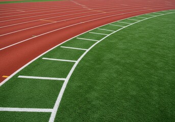 Running track with red lanes and green turf with white markings