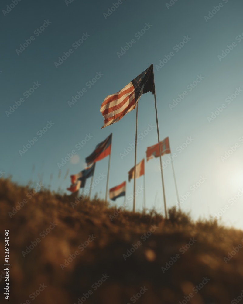 Poster trade tariffs and economic nationalism visualized with ascending graphs and national flags for strat