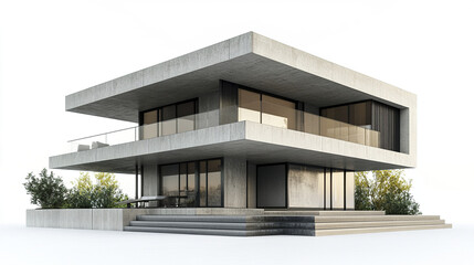 Fototapeta premium Modern concrete house with large windows and minimalist design, surrounded by greenery