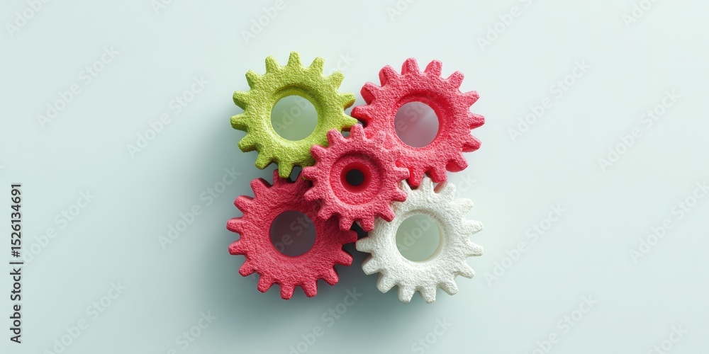 Poster Strategic teamwork concept with colorful interlocking textured gears on white table symbolizing collaboration and business innovation for modern partnership success