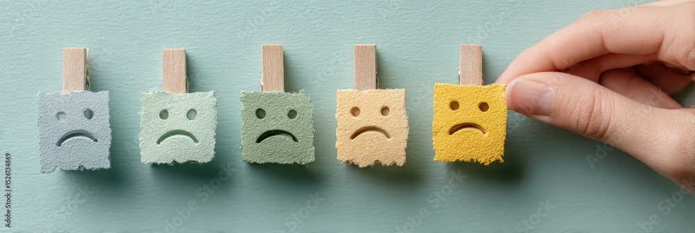 Aufkleber modern customer feedback concept with hand holding clothespin and sad face signs on textured surface
