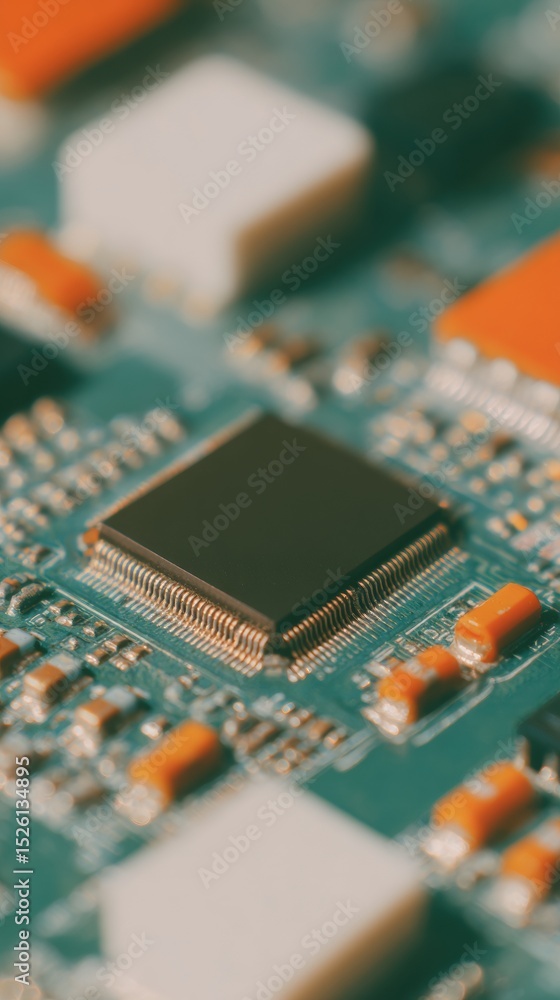 Fototapete Spatial Computing Processor Chip on Circuit Board Close-Up Showing Intricate Electronic Pathways for Advanced Tech Infrastructure and High-Performance Systems
