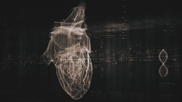 Futuristic biomedical concept with advanced holographic scanning and HUD analyzing a patient’s heart using 3D holograms, AR, and real-time medical imaging for cardiac diagnostics