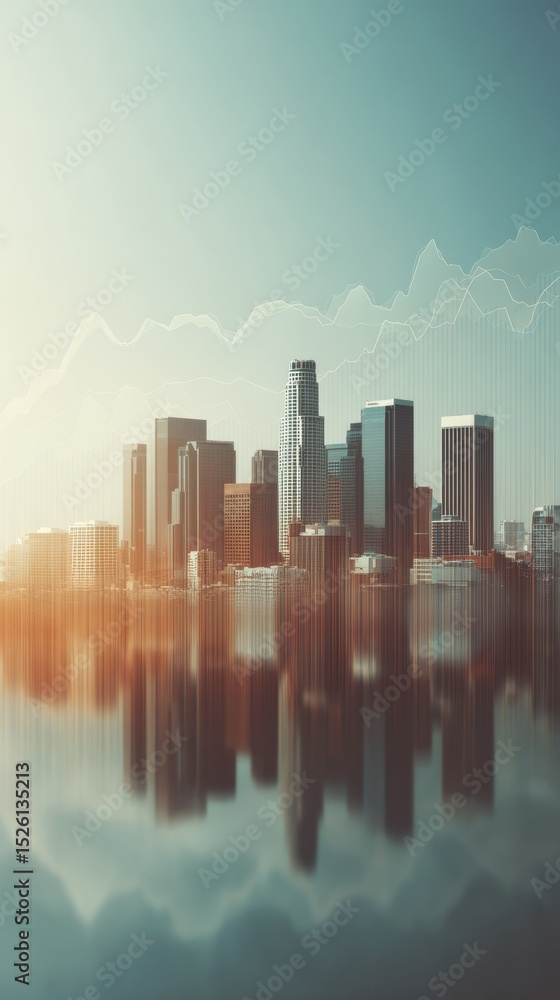 Poster stylized urban skyline with abstract line graph overlay highlighting market volatility and economic 