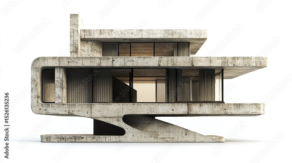 Poster modern concrete house design with unique architectural features and large windows
