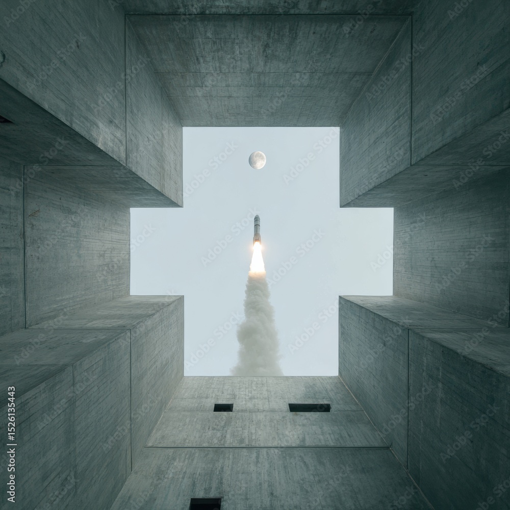 Poster Futuristic rocket launch ascending past modern concrete structure with moon in sky symbolizing space exploration and aerospace innovation