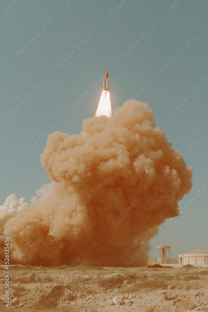 Poster powerful heavy carrier rocket launch lifting off amid massive dust plume at desert facility represen