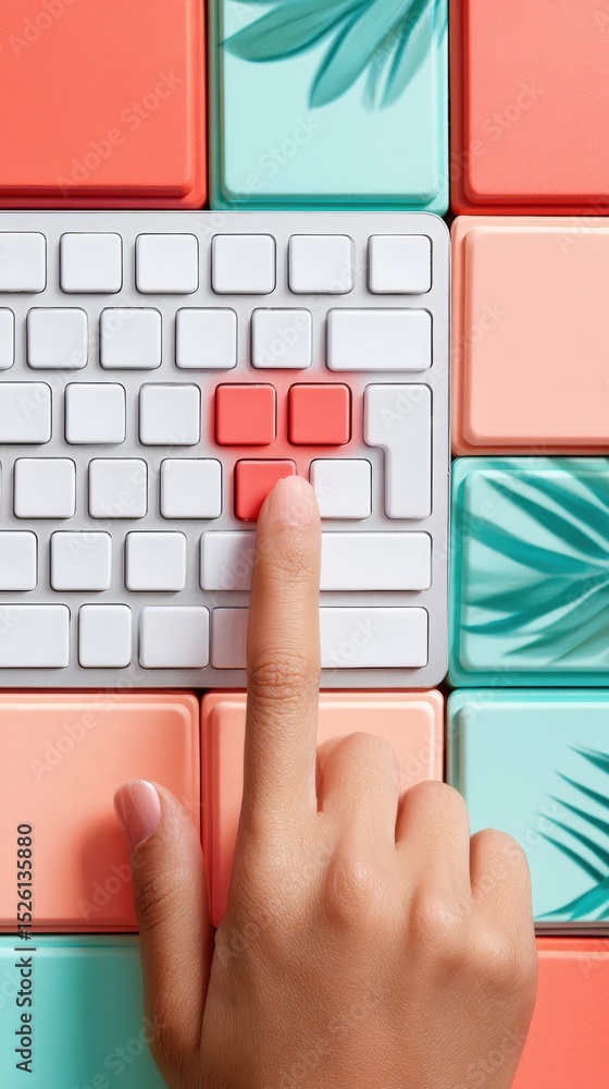 Fototapete Minimalist close-up of a finger pressing red Respond quickly key on white keyboard with pastel tropical keys, symbolizing fast digital communication and efficient workflow