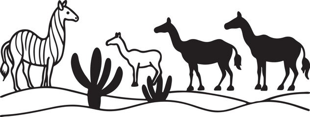 Vector illustration of wild and farm animal silhouettes including horse, deer, donkey, and camel