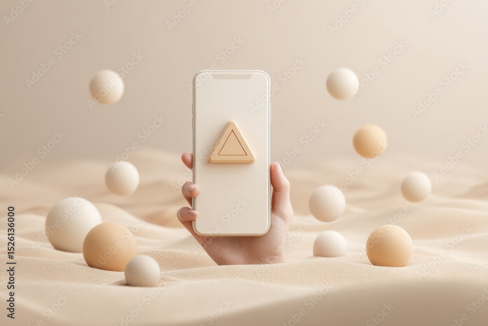 Poster Minimalist Smartphone Warning Notification with Digital Security Elements in Soft Neutral Tones - Modern Cybersecurity Awareness and Data Protection Focus