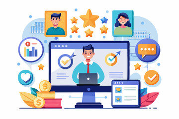 A flat vector illustration of five business people holding large golden stars, symbolizing teamwork, customer satisfaction, five-star ratings, and positive reviews. 