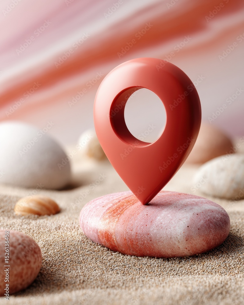 Poster modern red location pin on natural stone with sand background for polling place navigation and voter