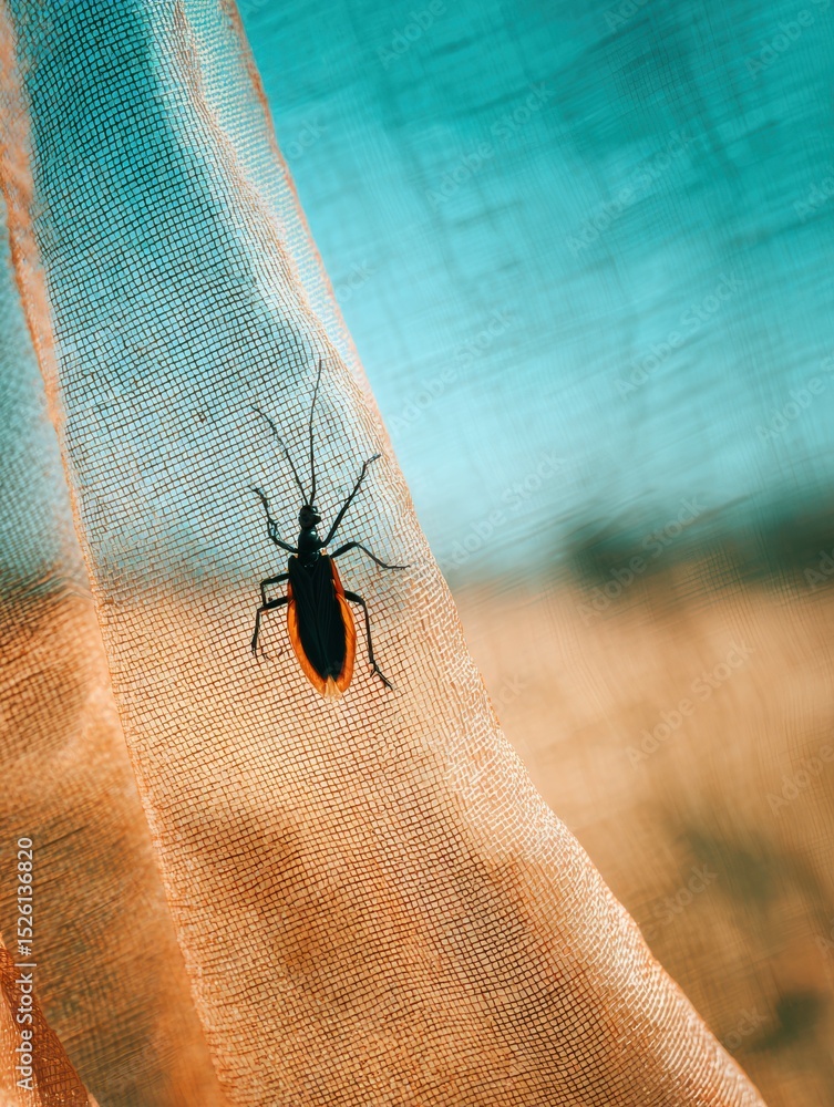 Poster close-up of black beetle on mosquito net with summer outdoor background for pest control and home pr