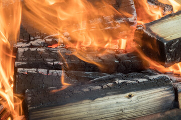 bright fire from burning wood closeup