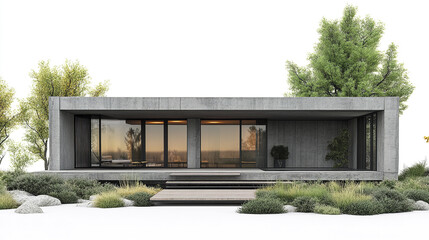 Fototapeta premium Modern concrete house with large windows and surrounding greenery, showcasing minimalist design