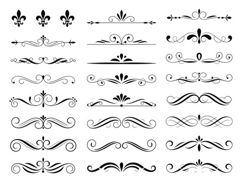Ornate Dividers and Fleur De Lis, Black Decorative Elements on Transparent Background