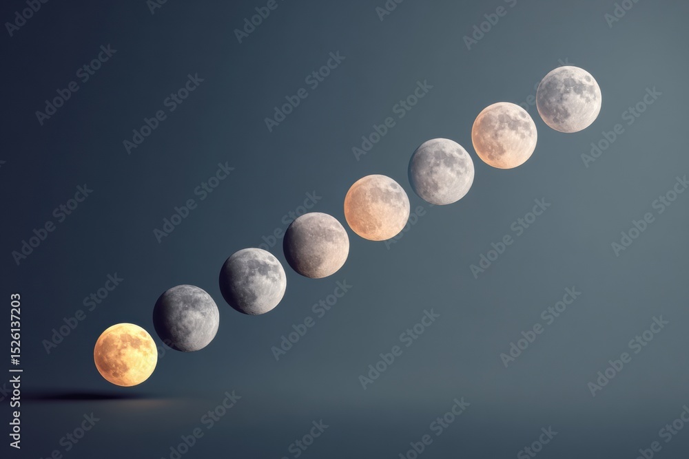 Poster Vertical Moonrise Sequence Showing Moon Phases from New to Full Moon on Dark Background - Lunar Cycle Concept for Astronomy and Educational Content