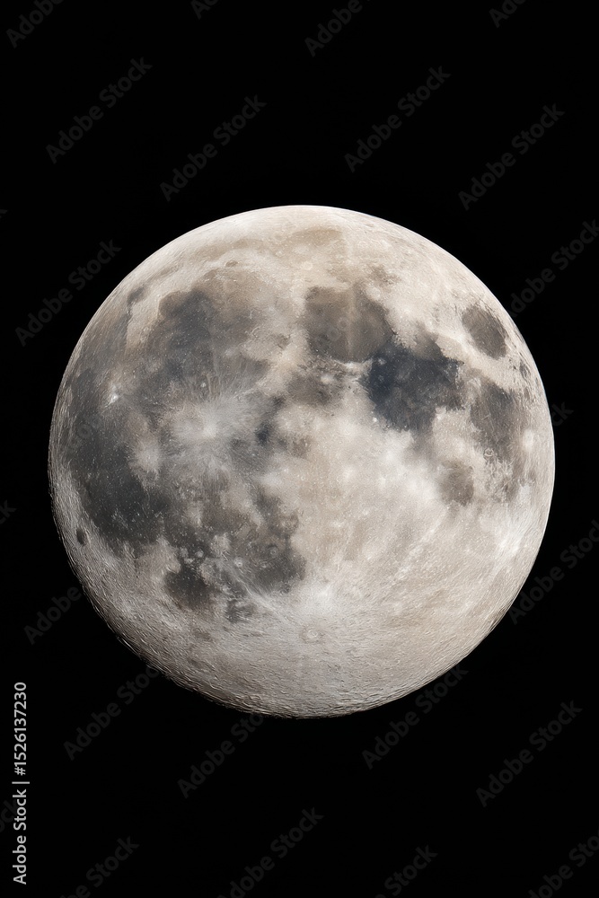 Poster Detailed Full Moon Close-Up with Visible Craters and Texture on Black Background for Astronomy, Space Science, and Modern Digital Design Projects