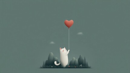 Cat Holding Heart Shaped Balloon in Nature