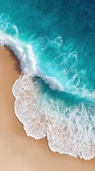 Fototapeta premium Aerial View of Pristine White Sand Beach with Turquoise Ocean Waves in Tropical Paradise for Travel Marketing and Wellness Inspiration