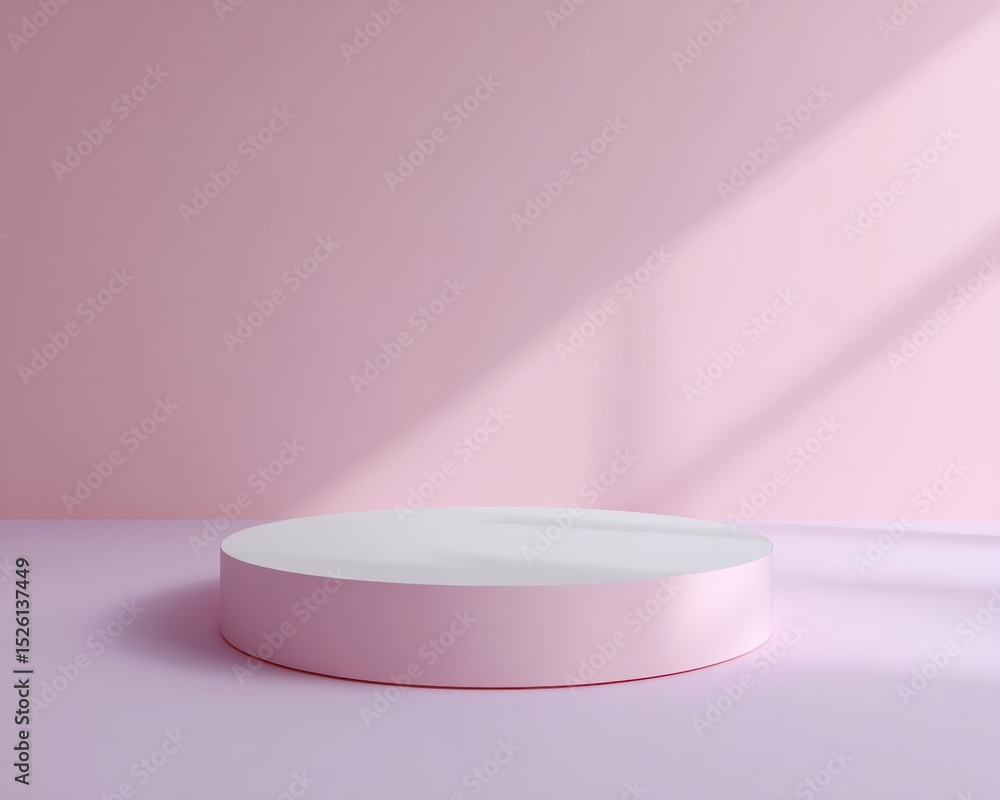 Poster Minimalist Blush Round Podium on Soft Lavender Background with Directional Track Lighting for Modern Product Display and Branding