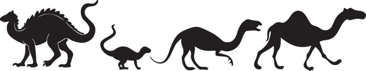 Black vector silhouettes of running wild animals including a horse, bird, cat, and dog
