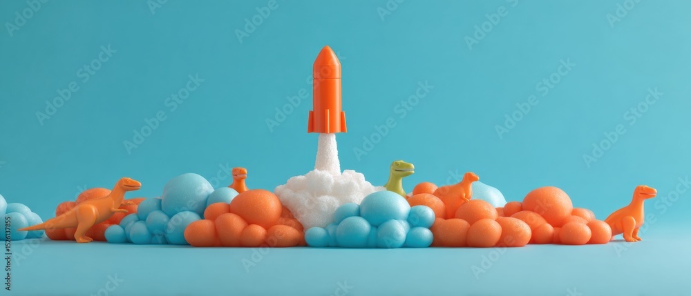 Poster contemporary rocket launch with colorful cloud plume and dynamic angle, symbolizing next-generation 