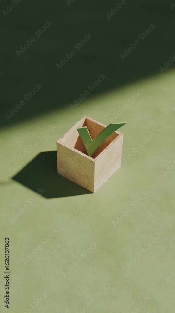 Aufkleber Minimalist Wooden Checkbox with Green Checkmark on Textured Surface Symbolizing Legal Verification and Democratic Participation for Modern Civic Marketing