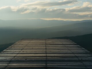 Fototapeta premium Wooden background of the mountain with a cloudy sky
