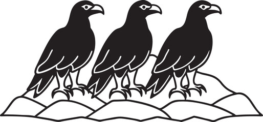 Cute cartoon bird animal illustrations: a set of black silhouettes on a branch in winter nature