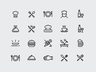 Food and Cooking Outline Icon Set Vector, Chef, Plate, Burger, Grill, Hand