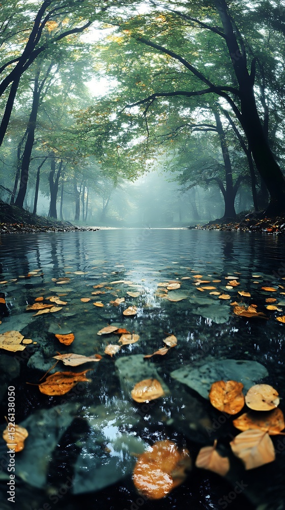 Poster enchanting forest stream with autumnal foliage and diffused ethereal light scene