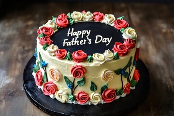 Happy fathers day cake adorned with buttercream roses, a sweet tribute on a dark wooden table