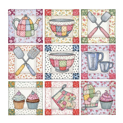 Kitchen Patchwork: A charming collage showcases a variety of kitchen tools and treats, including teapots, bowls, cupcakes, and oven mitts, all adorned with a delightful patchwork design.