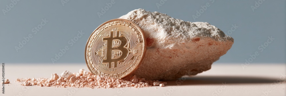 Poster bitcoin cryptocurrency coin balanced on rugged stone with crystalline gems - symbol of digital gold 