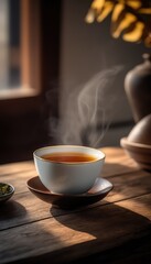 Serene Tea Ritual: A steaming cup of tea sits gracefully on a wooden table, surrounded by a serene ambiance of soft light and natural elements, inviting you to indulge in a moment of calm.