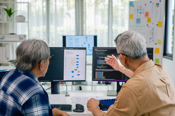 Team of developers collaborating in brainstorming and coding project at office bootcamap program