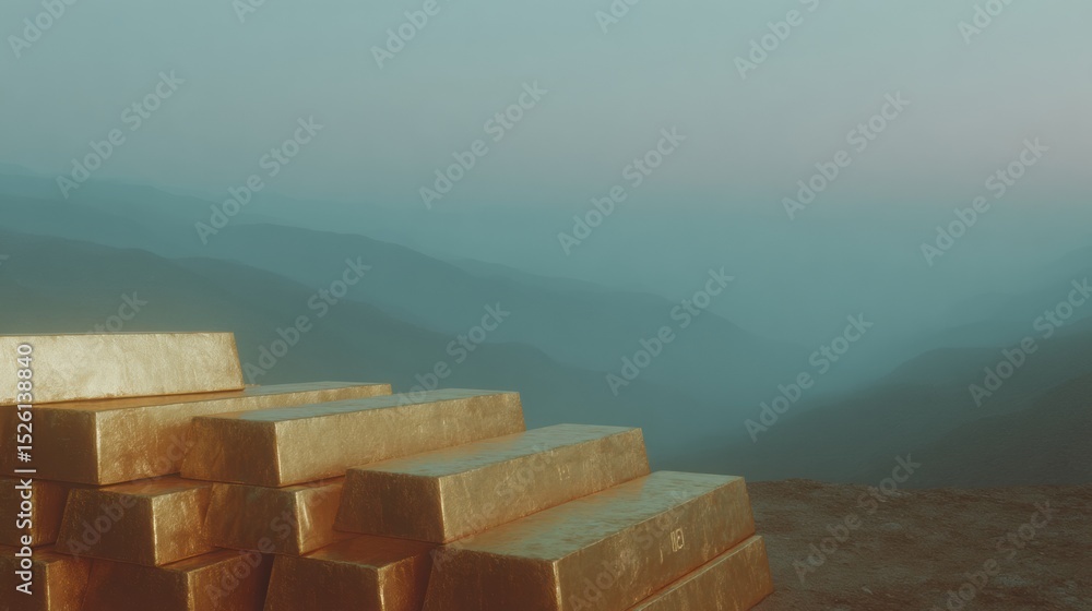 Poster stacked gold bars with serial numbers reflecting light in misty mountain setting for luxury investme