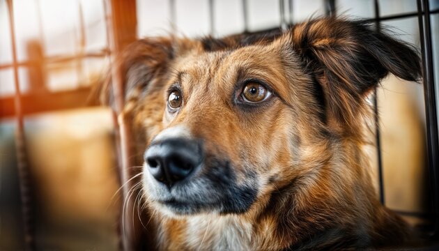 Shelter Pup Yearning for a Forever Home A Melancholic Gaze Amidst the Rustic Shelter, Capturing the Heartache and Hope of Adoption