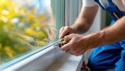 Worker repairing window frame with screwdriver