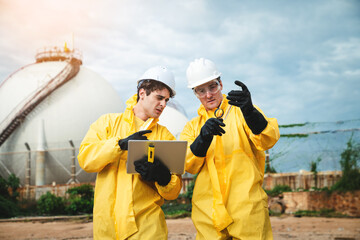 Factory Worker in Hazmat Suit Collecting Oil and Water Samples from Industrial Beach for Toxic Pollution Survey