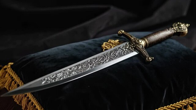 Ornate dagger resting on a velvet pillow with golden trim. Historical weapon with elaborate engravings and a dark background.
