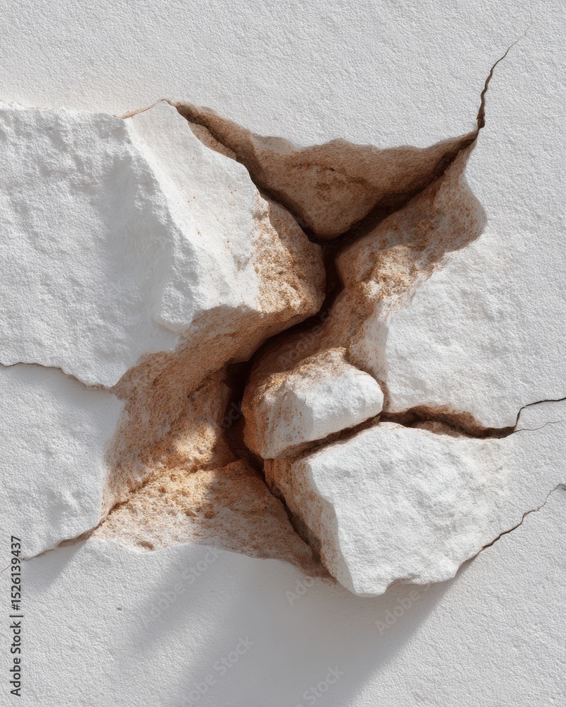 Poster close-up of cracked white wall surface revealing textured underlayer with fault lines, depicting mat