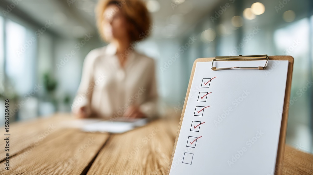 Aufkleber digital exit strategy emergency plan checklist on clipboard with businesswoman in modern office for 