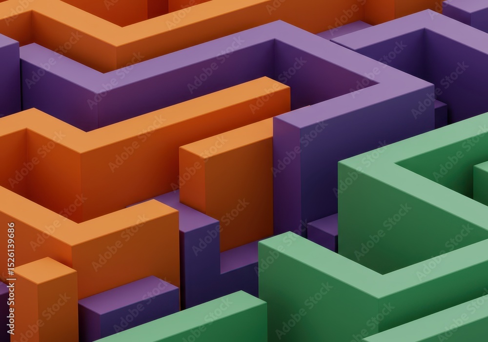 Poster abstract maze pattern with orange purple and green walls, creating a complex design