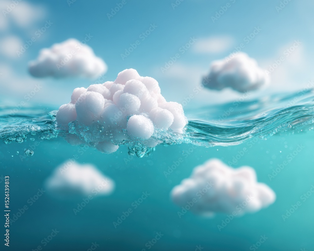 Fototapete Abstract cloud computing icons floating above water surface, symbolizing digital infrastructure integration and future edge AI technology trends