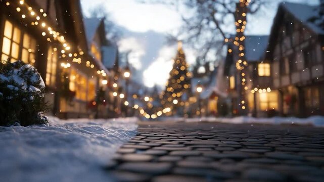 Winter scene with snow covered cobblestone street and festive lights